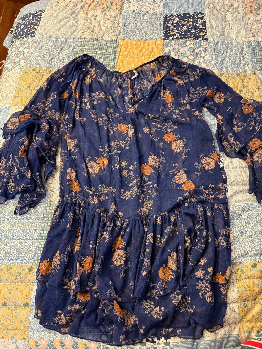 Free People Navy Floral Tiered Bell-Sleeve Dress
